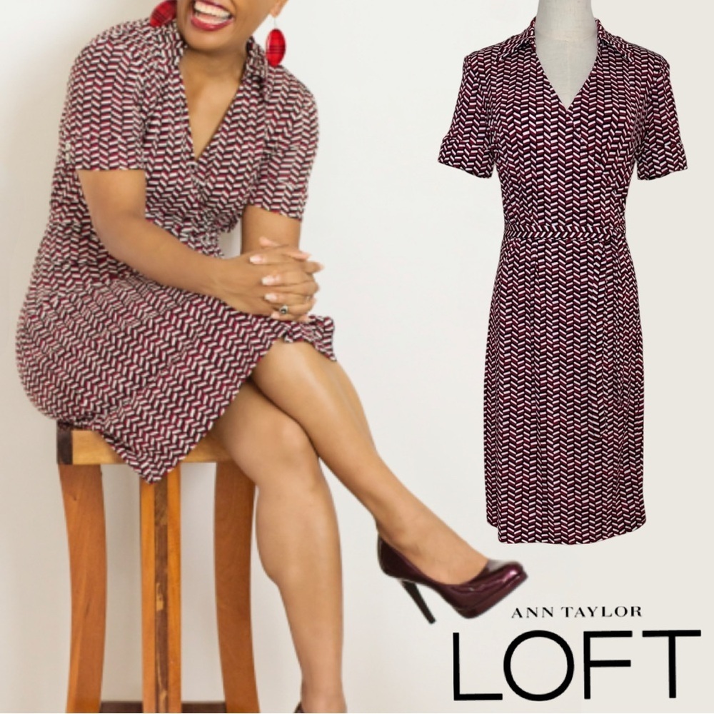 LOFT Geometric Print Above the Knee-Length Wrap Dress Red Black White Size 4 - Picture 14 of 16